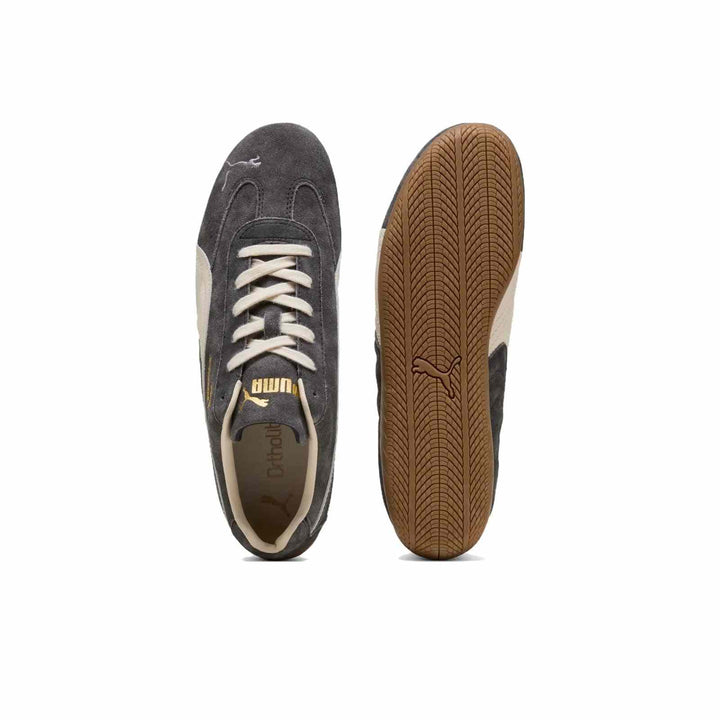 PUMA Palermo OG vintage suede casual sneaker in asphalt gray with whisper white accents and gum sole