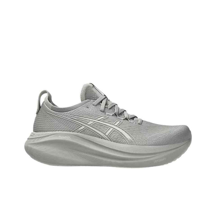 حذاء GEL-NIMBUS 27 بلون رمادي يوفر تبطين خفيف ونعومة للجري.