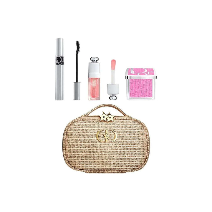 Dior Holiday Makeup Set طقم مكياج ديور الذهبي المحدود لموسم الأعياد مع ماسكارا سوداء، زيت شفاه وردي، وبلاش وردي فاخر داخل حقيبة ديور ذهبية فاخرة