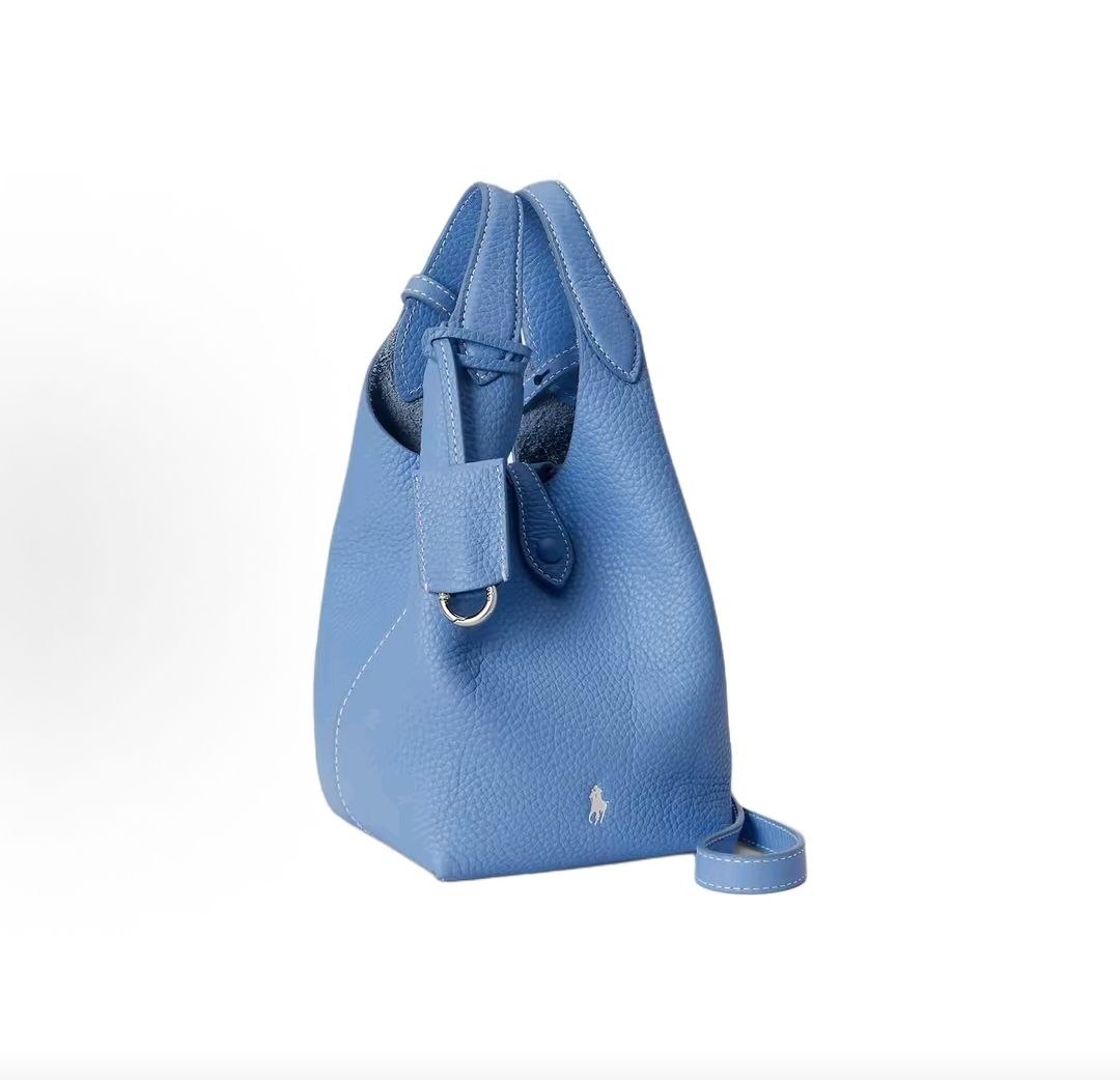 Ralph Lauren Polo Play Iconic Brand Carved Hardware Detachable Crossbody Strap Leather Basket Handbag Small Size Women's Baby Blue