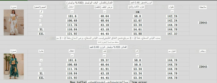 فستان أخضر داكن بتطريزات ذهبية وفضية، تصميم فضفاض وأكمام واسعة.