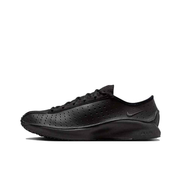 Black Nike Air Superfly sneaker with perforated leather and fabric upper, black laces, cushioned sole, and Nike logo on the heel.