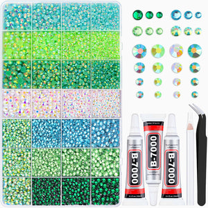 Green color rhinestones kit with wax pen - أحجار الراين خضراء وفصوص كريستالية