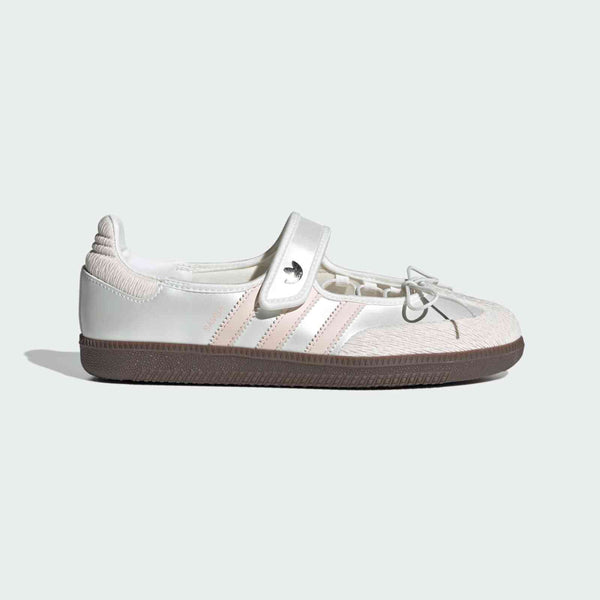 Adidas Samba Mary Jane white and blush leather shoe with chocolate rubber sole and Velcro strap