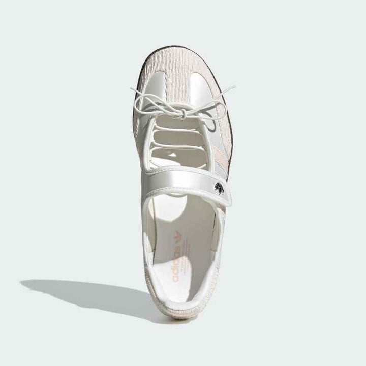 Adidas Samba Mary Jane white and blush leather sneaker with Velcro strap and chocolate rubber sole