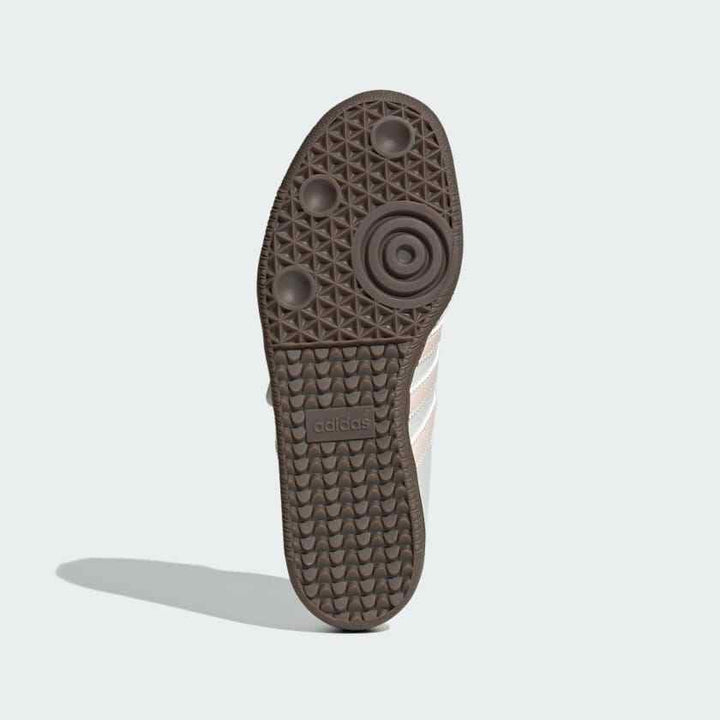 Adidas Samba Mary Jane white and blush sneaker with chocolate rubber sole and Velcro strap sole view