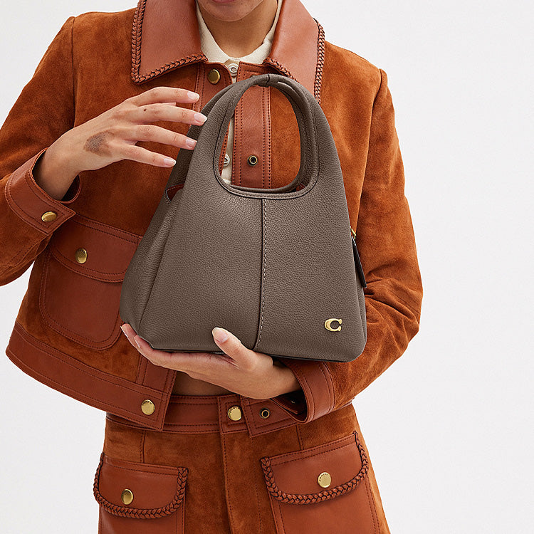 COACH Lana 23 Solid Gold Label Logo Pebble Pattern Zipper Quilted Hardware Buckle Leather Handbag Shoulder Bag Medium Women's Gray Brown