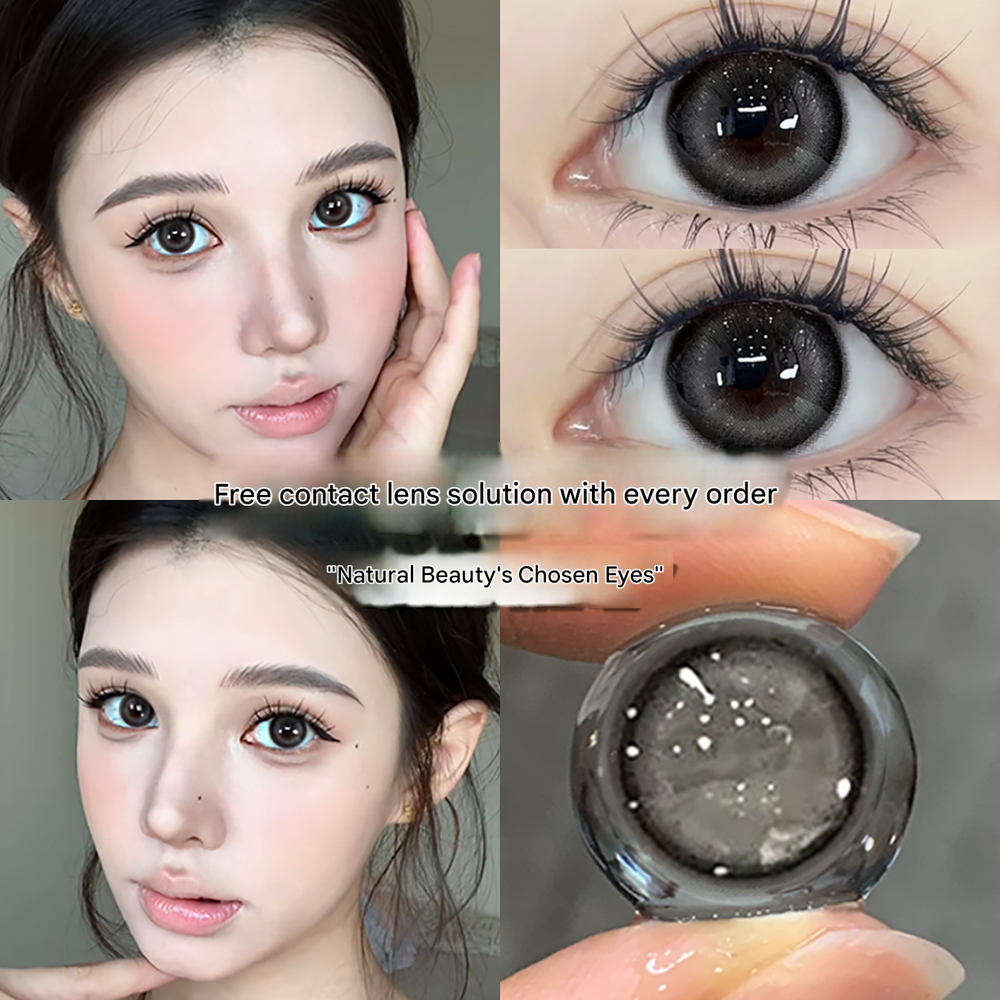 Young woman with large gray-toned contact lenses, natural makeup, soft skin, beauty shot
