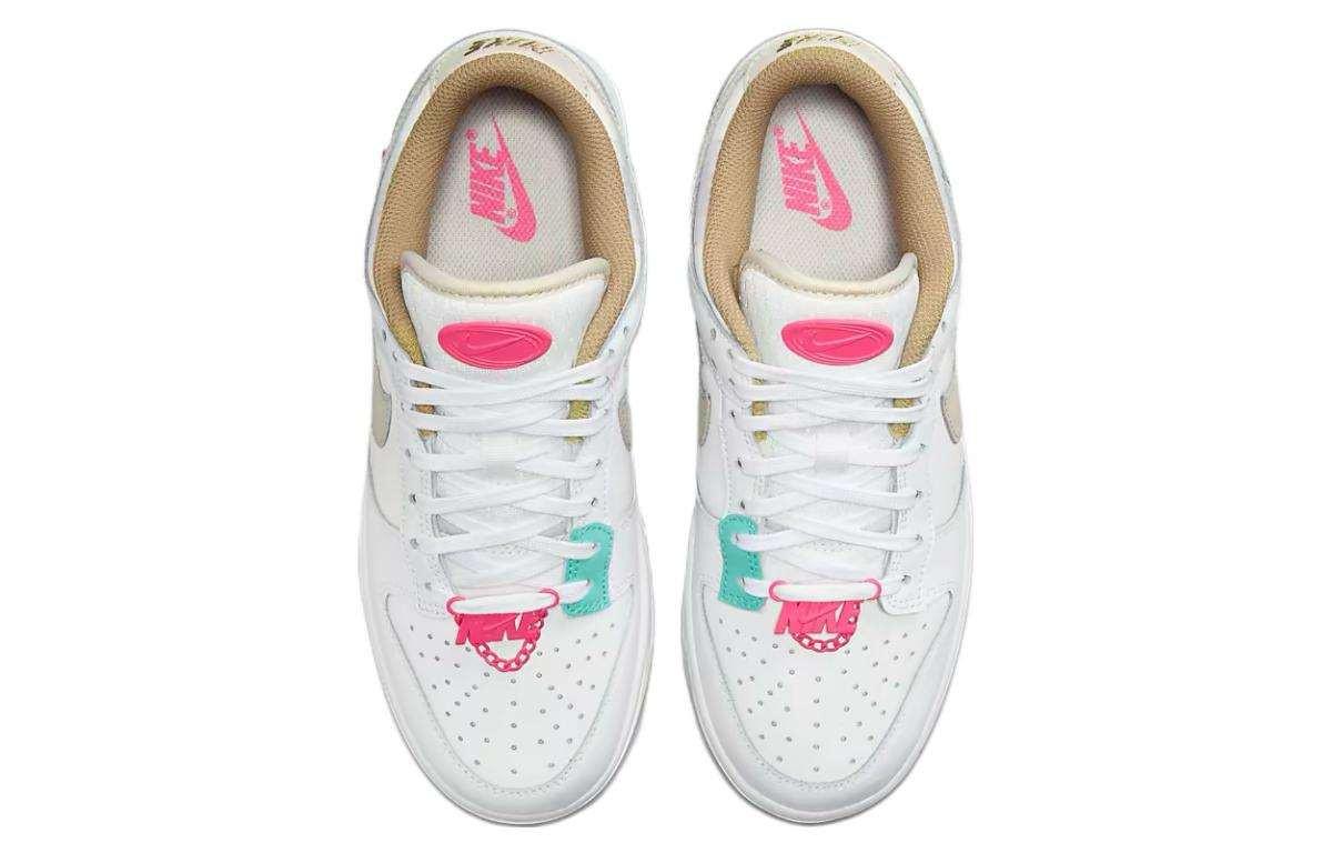 The top view highlights Nike Shoes craftsmanship, showcasing the حذاء نايك الأصلي مع حذاء Nike Dunk Low رياضي باللون الأبيض والوردي ضمن أفضل موديلات شوز نايك وتصاميم nike schuhe.