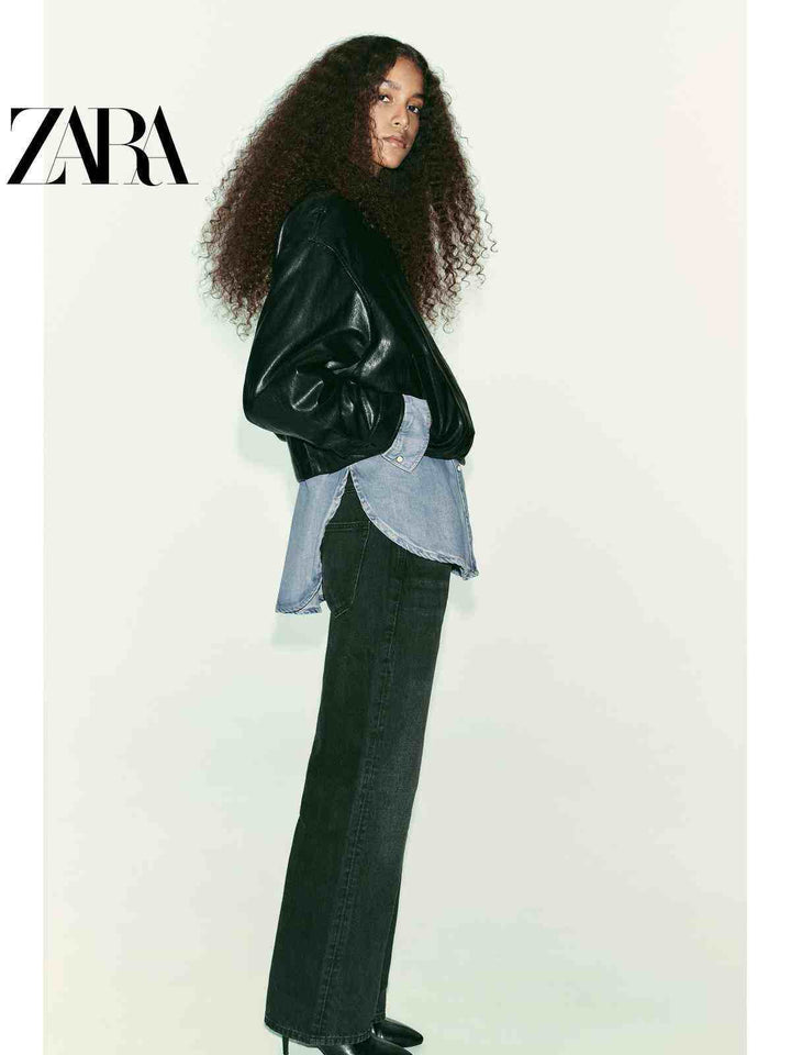 جاكيت بومبر نسائي فضفاض برقبة مدورة من الجلد الصناعي لموسم خريف ZARA2025