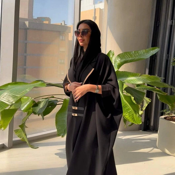 Middle Eastern Black Robe Modest European and American Fashion Cardigan Leather Buckle Turkish Bat Sleeve Dress Black Robe