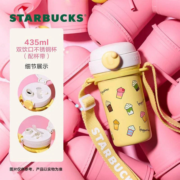 كوب ستاربكس فلابوتشينو أصفر بتصميم عصري وألوان باستيل مع شعار بارز وحزام حمل مطفي مقاوم للتسرب