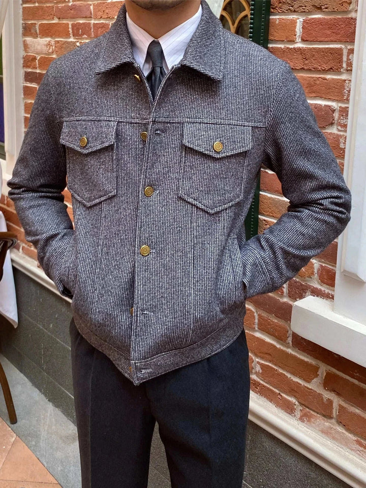 Mr. Lusan thick warm woolen casual jacket with beige and gray knit pattern, gold buttons, and classic collar