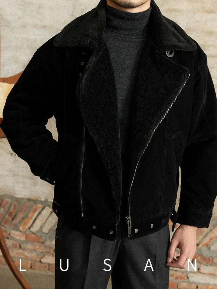 Mr. Lusan English jacket black sherling fur collar warm stylish men's outerwear