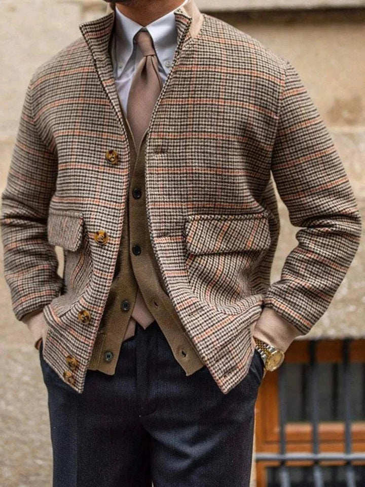 Mr. Lu San Fit Jacket in beige and brown houndstooth pattern with orange accents, button front, elastic cuffs and waist, stylish and warm fit jacket