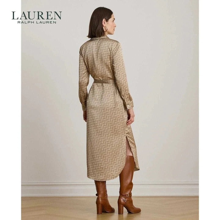 فستان لورين نسائي بني بتصميم كلاسيكي مع أكمام طويلة وأزرار أمامية وحزام خصر، مناسب للعمل والمناسبات