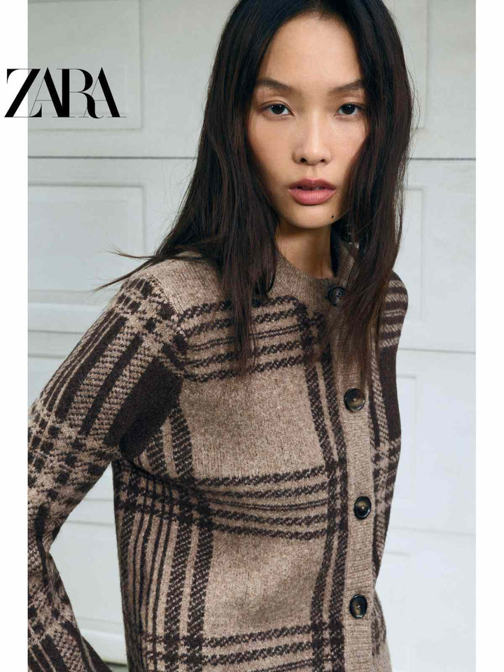 ZARA كارديجان نسائي كارو أنيق بأزرار أمامية وجودة خياطة عالية