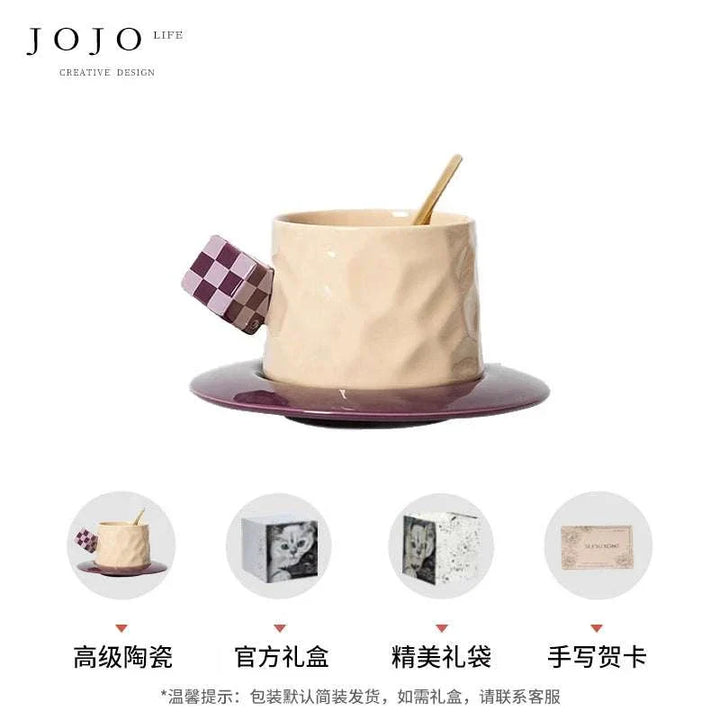 فنجان قهوة JOJO سيراميك بتصميم فني مع مقبض مكعب شطرنجي وطبق ملون وملاعق أنيقة
