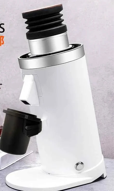 White DF64N coffee grinder with black accents next to glass coffee maker and coffee beans, featuring titanium-coated flat burr and 250W high-performance motor.
