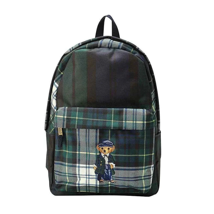 Polo Ralph Lauren backpack with plaid design and iconic embroidered bear, durable fabric with multiple pockets, stylish and practical for daily use.