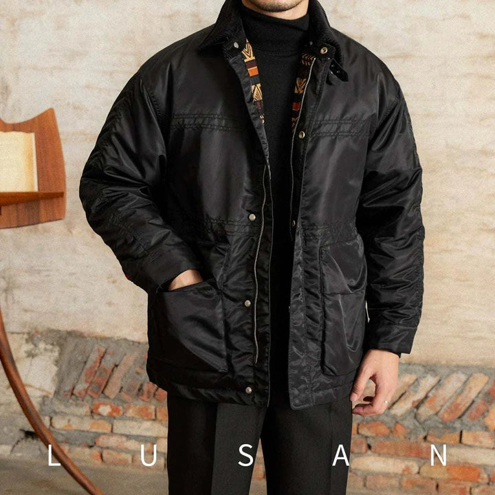 Mr. Lusan jacket black water-resistant lightweight warm Italian design with corduroy collar and multiple pockets