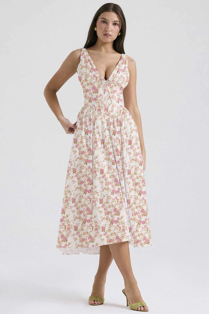 European and American style floral print V-neck long slip dress, perfect for summer fashion.
