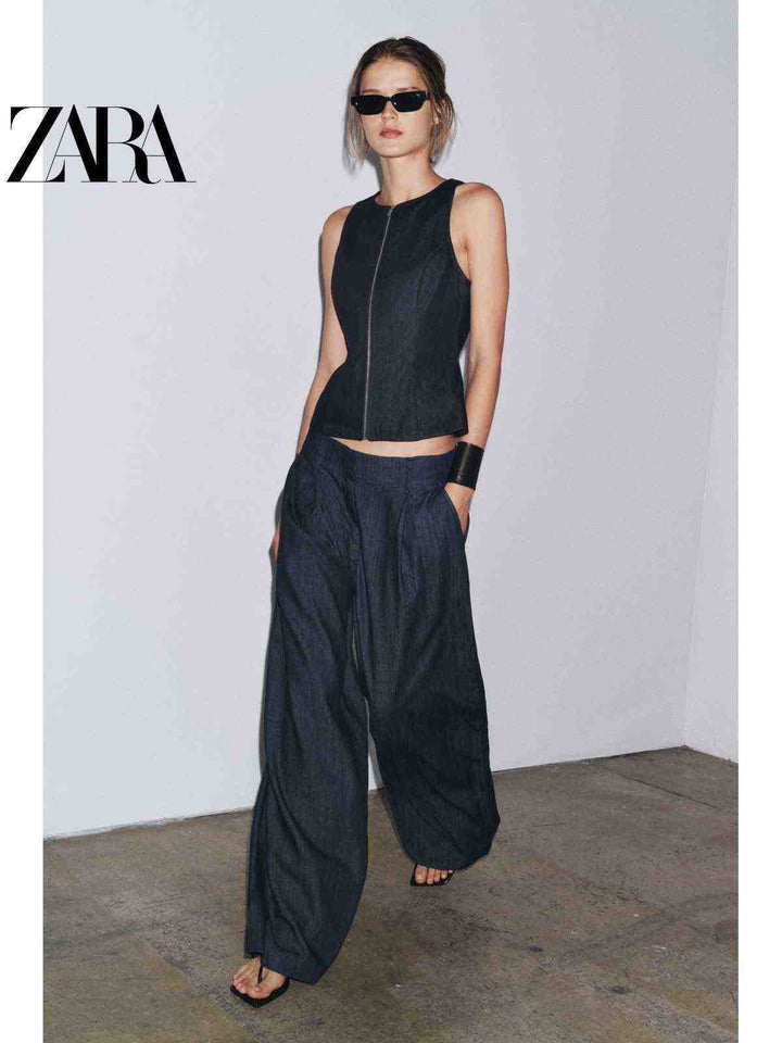 بنطال جينز بسيط مريح نسائي من مجموعة ZARA2025 new summer بألوان داكنة وأسلوب عصري