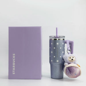 Starbucks Cup 2026 Purple Night Galaxy Series Large Capacity Car Stainless Steel Straw Cup with Bear Pendant