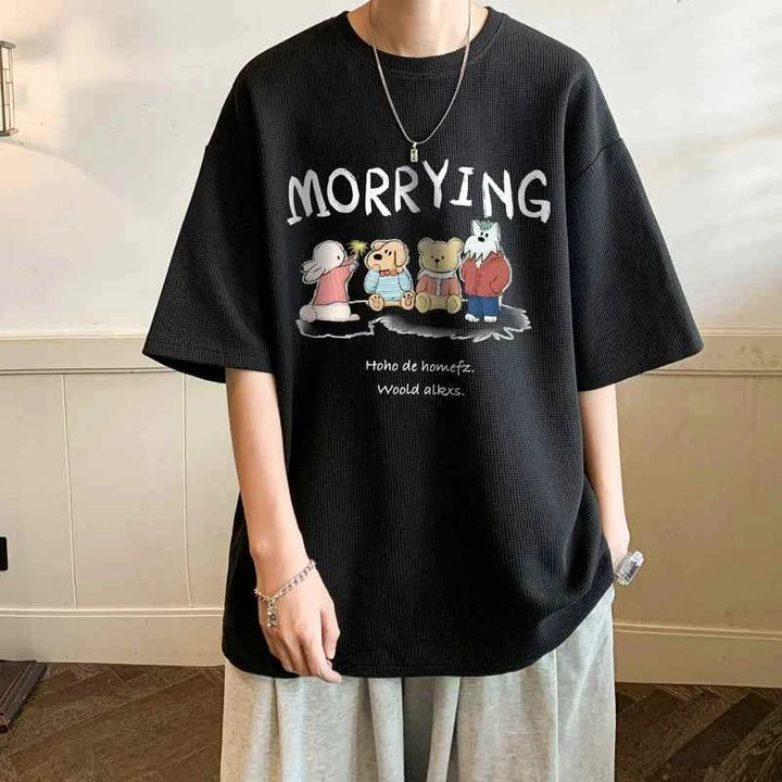Black MORRYING t-shirt with cartoon character print and relaxed fit for casual wear