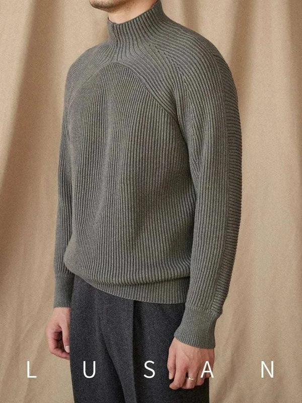 Mr. Lu San pullover sweater in khaki with ribbed textureسويتر  and short mock neck, stylish and warm for casual or formal wear
