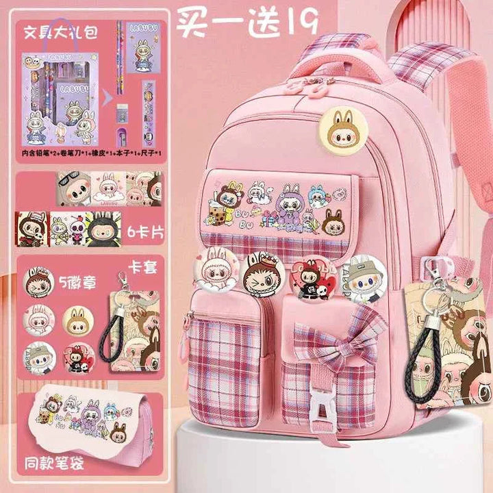 Pink labubu school bag for kids with cartoon patches, multiple pockets, and matching stationery set including pencils and erasers.