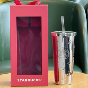 Starbucks cup 2026 Junyue Xingcheng New Year light luxury gift for the Year of the Horse large-capacity stainless steel straw cup gift box.