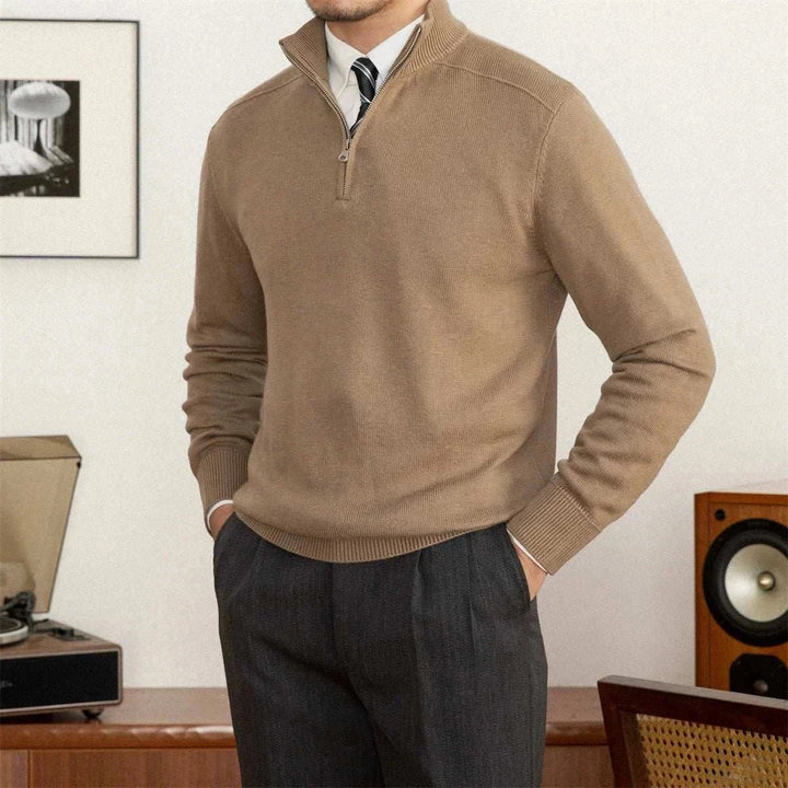 Mr. Lusan Italian slim stand collar sweater in beige with zip and ribbed cuffs, elegant knitwear for formal and casual wear
