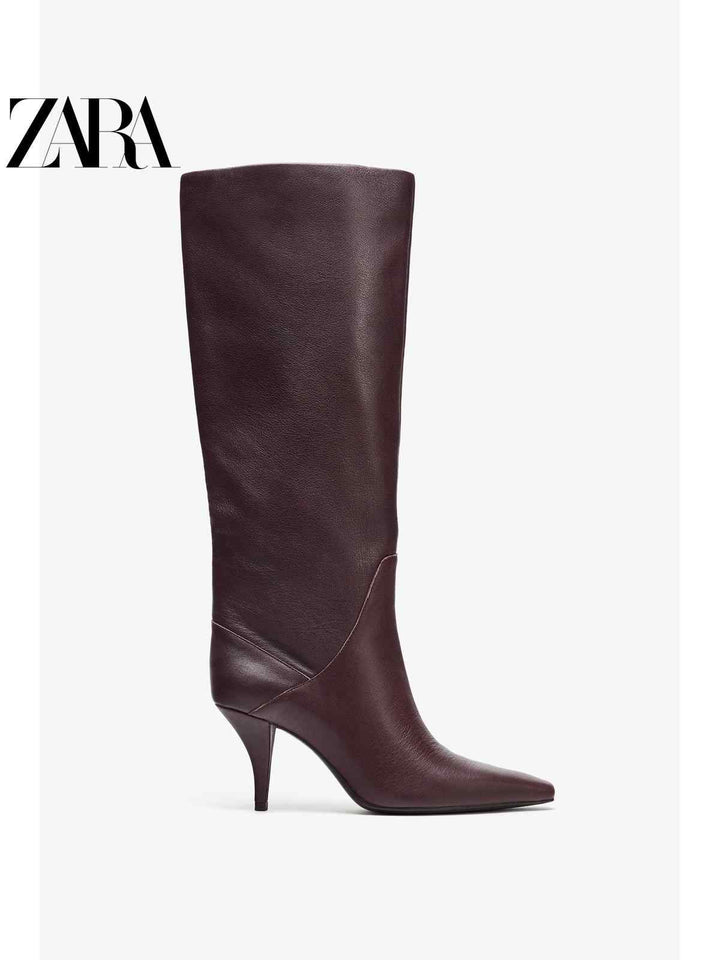 حذاء نسائي عالي من جلد طبيعي بكعب ستيلتو مدبب من مجموعة ZARA2025 خريف