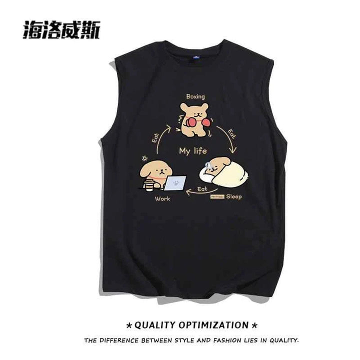 Black sleeveless cartoon print "My Life" cotton t-shirt with humorous design depicting daily routine activities.