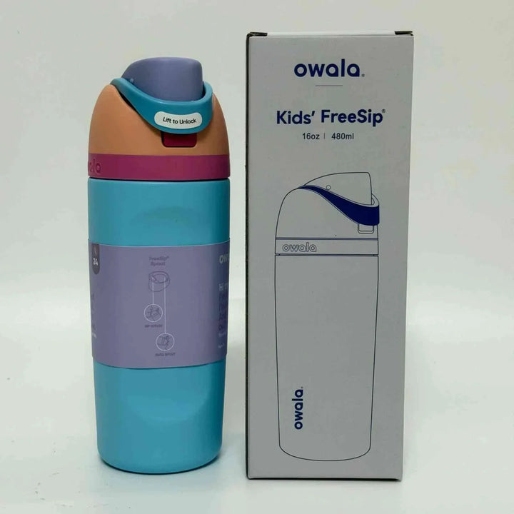 Owala FreeSip kids' water bottle with dual spout, leak-proof design, and stainless steel insulation, 480ml capacity