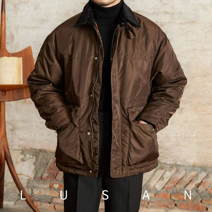 Mr. Lusan jacket Italian design brown lightweight waterproof warm jacket with corduroy collar and metal zipper