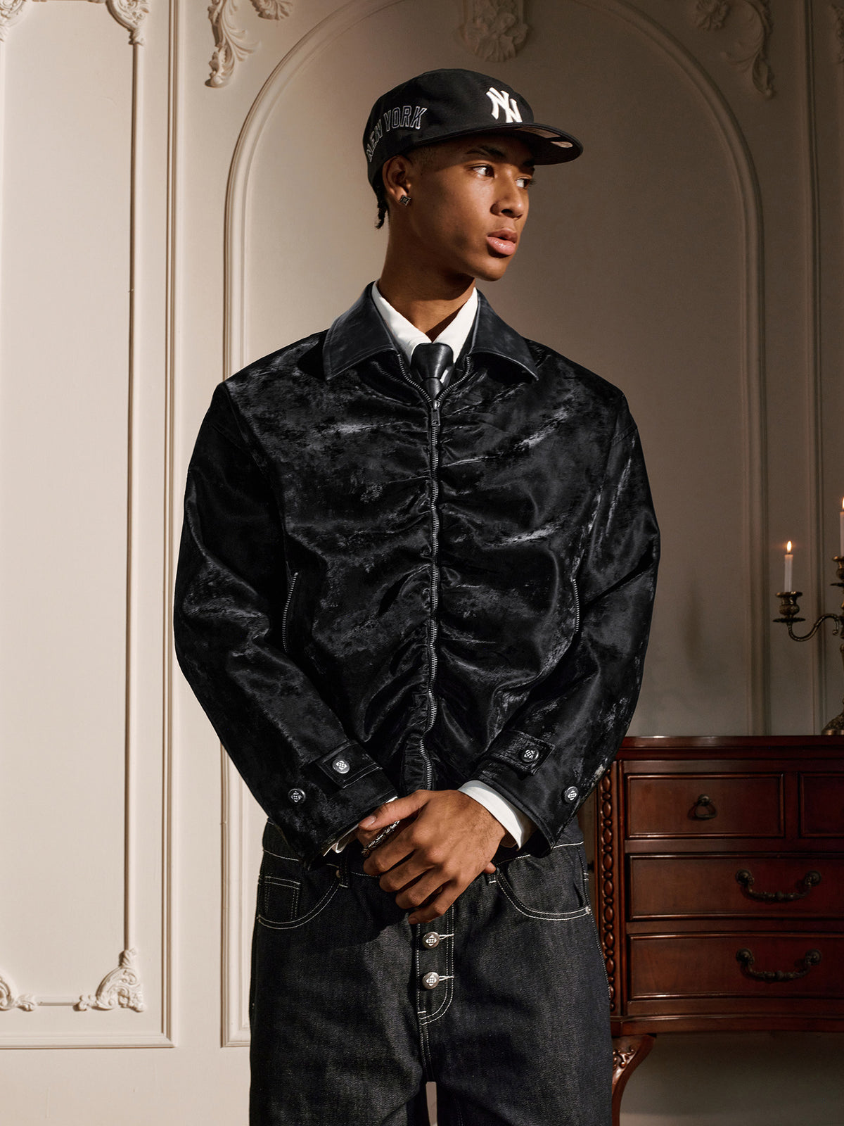 YADcrew Year of the Horse [Velvet Knight] genuine sheepskin collar pleated velvet leather Bahn style lapel jacket