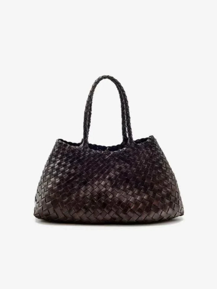 Dragon woven حقيبة يد نسائية جلد طبيعي بتصميم مجدول بني شوكولا بحجم عملي وحزام كتف مريح