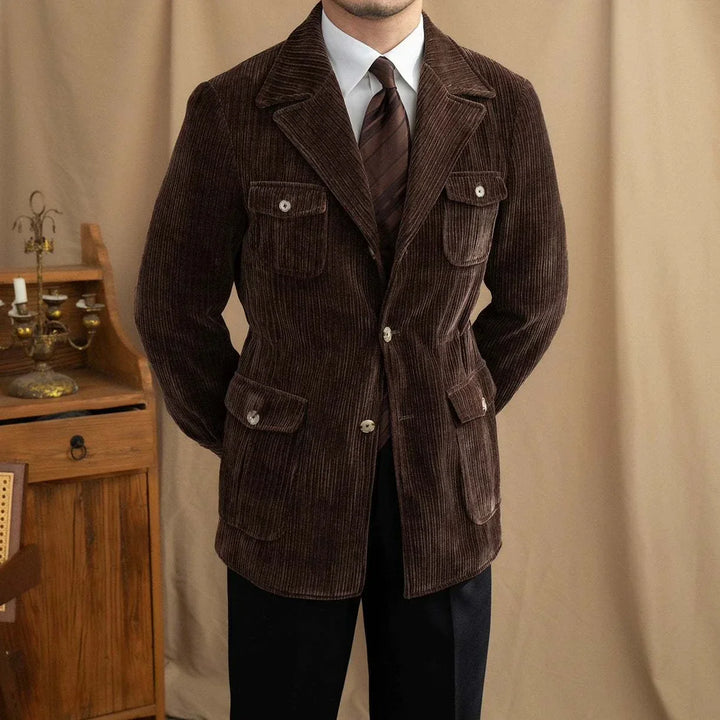 Mr. Lusan Jacket brown corduroy jacket with classic collar and buttoned pockets for smart casual style