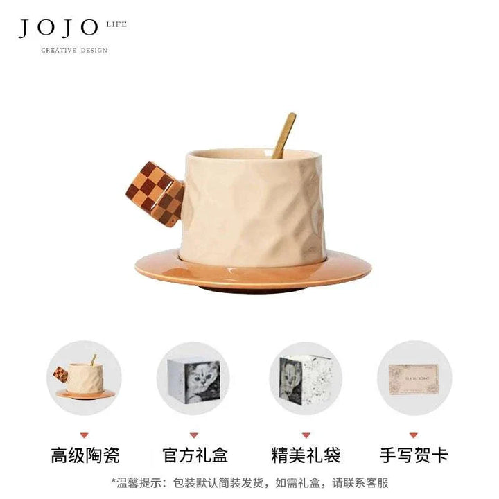فنجان قهوة JOJO سيراميك عالي الجودة بتصميم مبتكر مع مقبض مكعب شطرنجي وصحن ملون وملاعق أنيقة مناسب للهدايا والاستخدام اليومي