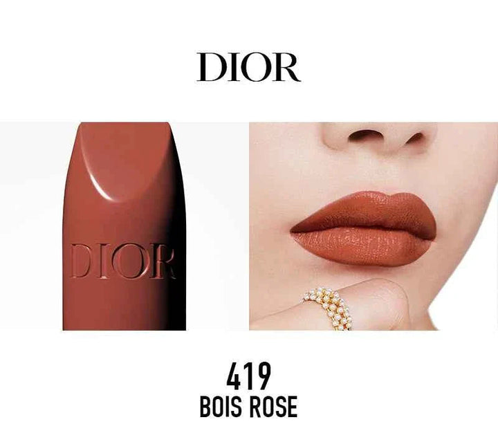 Rouge Dior الكلاسيكية lipstick shade 419 Bois Rose with elegant rosewood color and smooth finish on lips