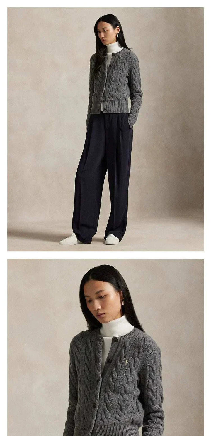 كاردجان رالف لورين رمادي بنسيج جدائل مع شعار بولو مطرز للنساء