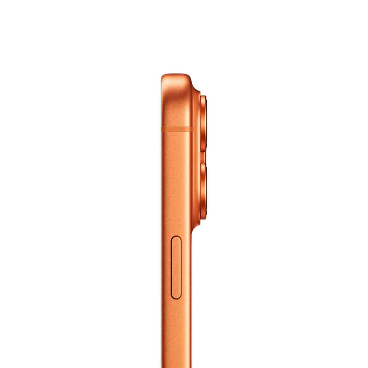 Apple iPhone 17 Pro Max side view in orange with camera bump and volume button