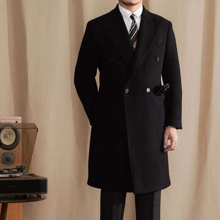 Mr. Lusan coat black double-breasted wool coat with wide lapel and front pockets for formal and casual wear
