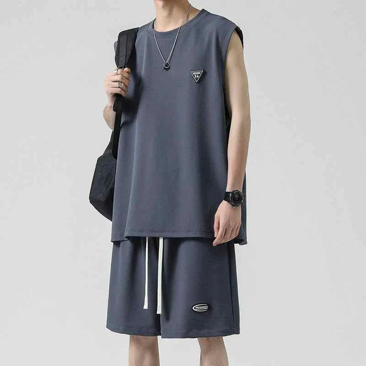Men's sleeveless summer outfit in gray made from breathable Ice Silk fabric, featuring a loose fit and adjustable drawstring shorts.