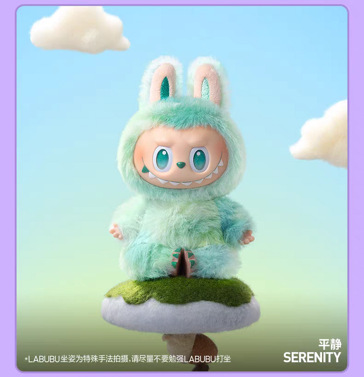 Pop Mart THE MONSTERS blind box plush toy in a serene bunny costume sitting on a cloud.