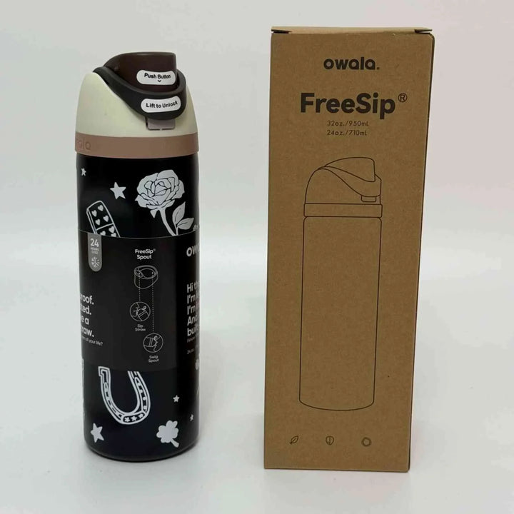 Owala Thermos CupKitty Limited Edition stainless steel black thermos with leak-proof FreeSip lid and packaging box