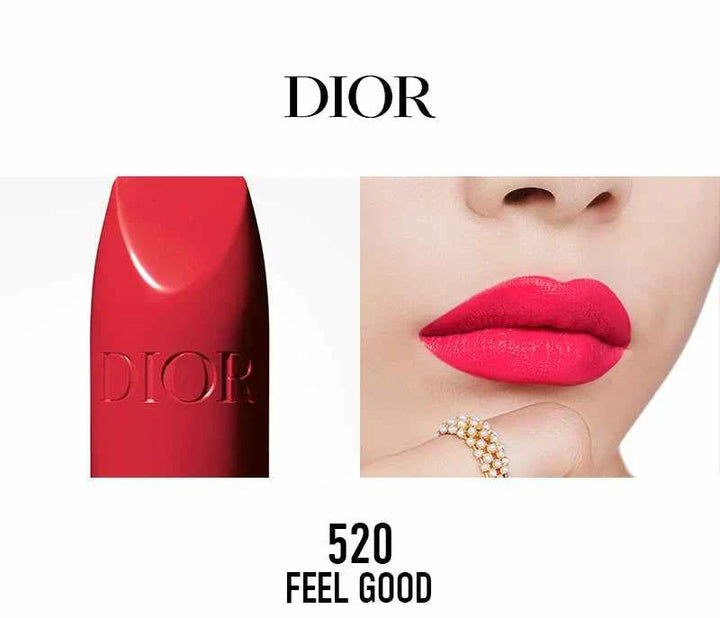 Rouge Dior الكلاسيكية red lipstick shade 520 Feel Good with vibrant silky finish on lips.