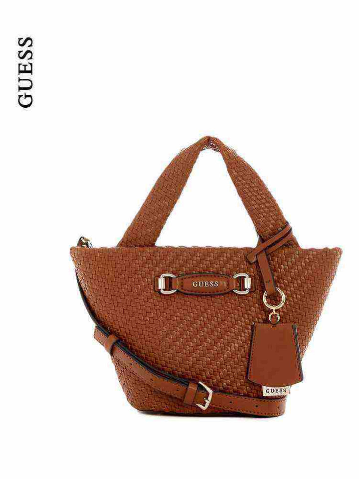 brown woven faux leather GUESS handbag with short handle and adjustable shoulder strap